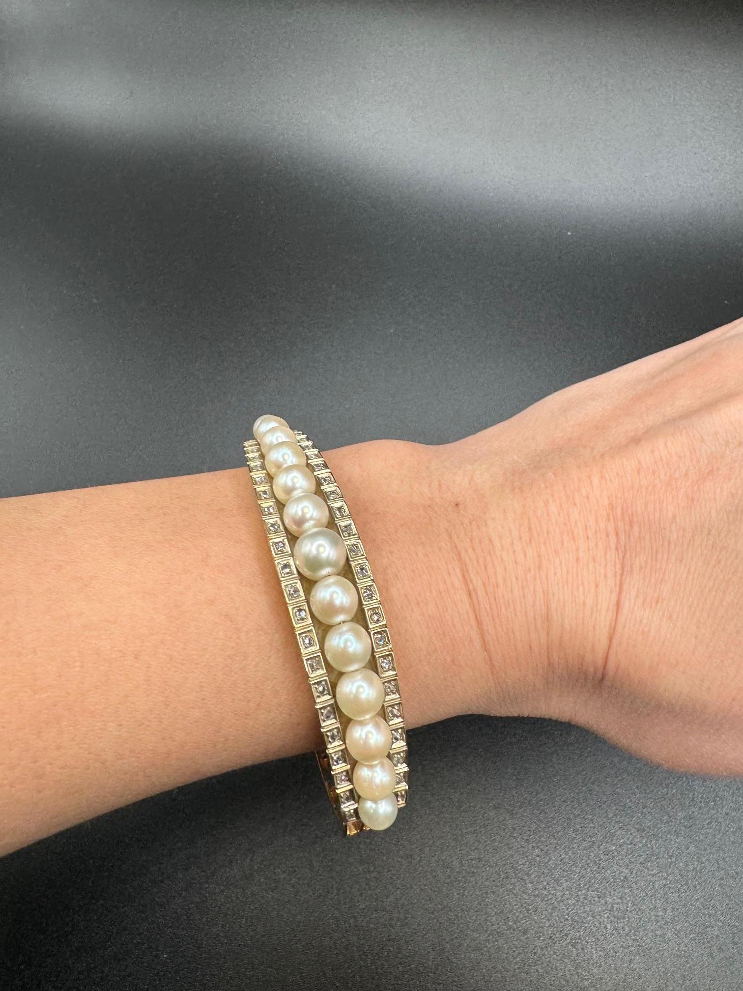 Bracelet ancien en or jaune 14K avec perles de culture et diamants taillés en rose Excellent état - En vente à Great Neck Plaza, NY