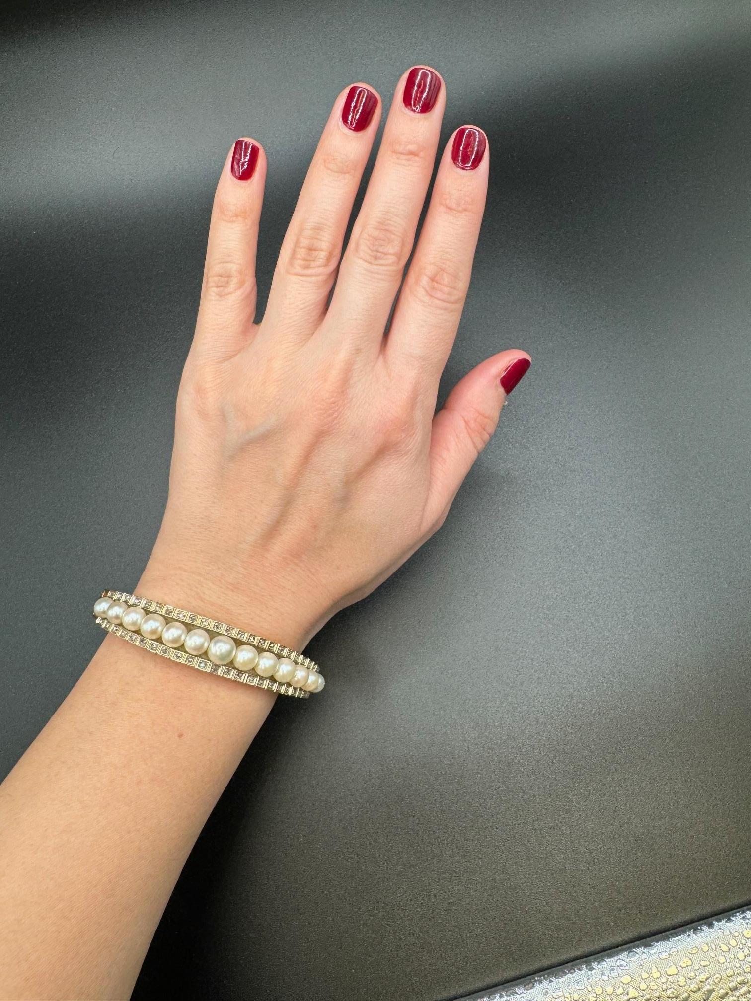 Bracelet ancien en or jaune 14K avec perles de culture et diamants taillés en rose en vente 1