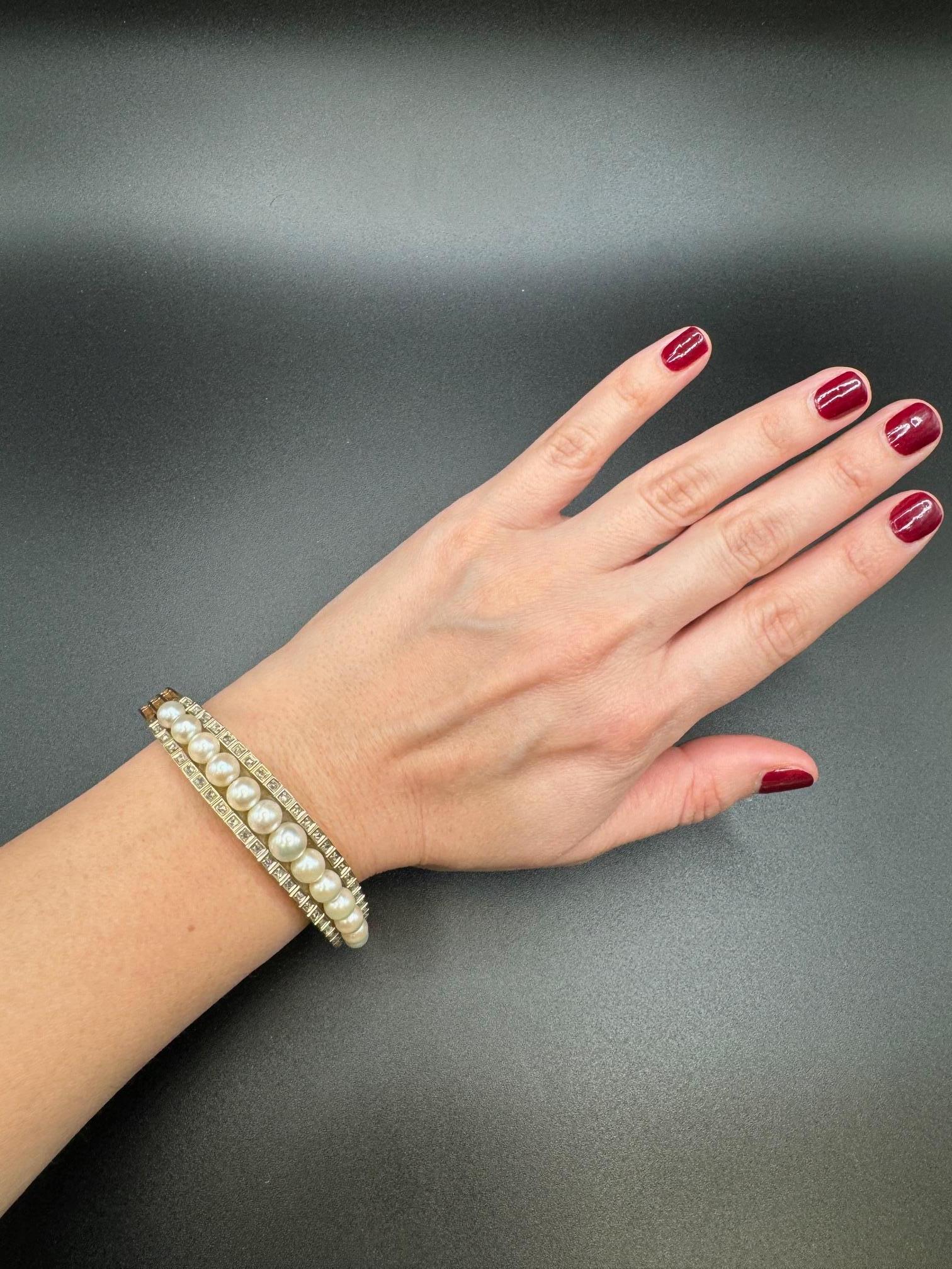 Bracelet ancien en or jaune 14K avec perles de culture et diamants taillés en rose en vente 2