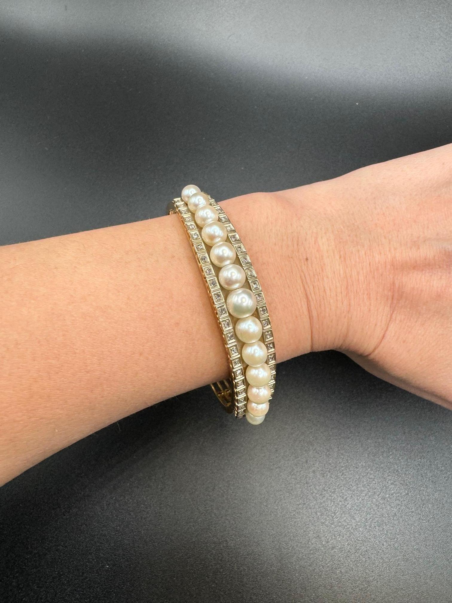 Bracelet ancien en or jaune 14K avec perles de culture et diamants taillés en rose en vente 3