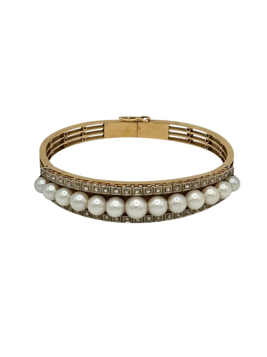 Bracelet ancien en or jaune 14K avec perles de culture et diamants taillés en rose
