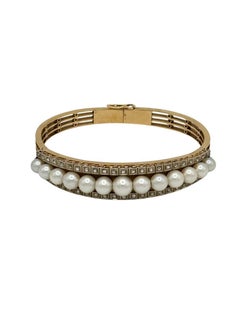 Antique 14K Yellow Gold Bangle with Cultured Pearls and Rose-Cut Diamonds