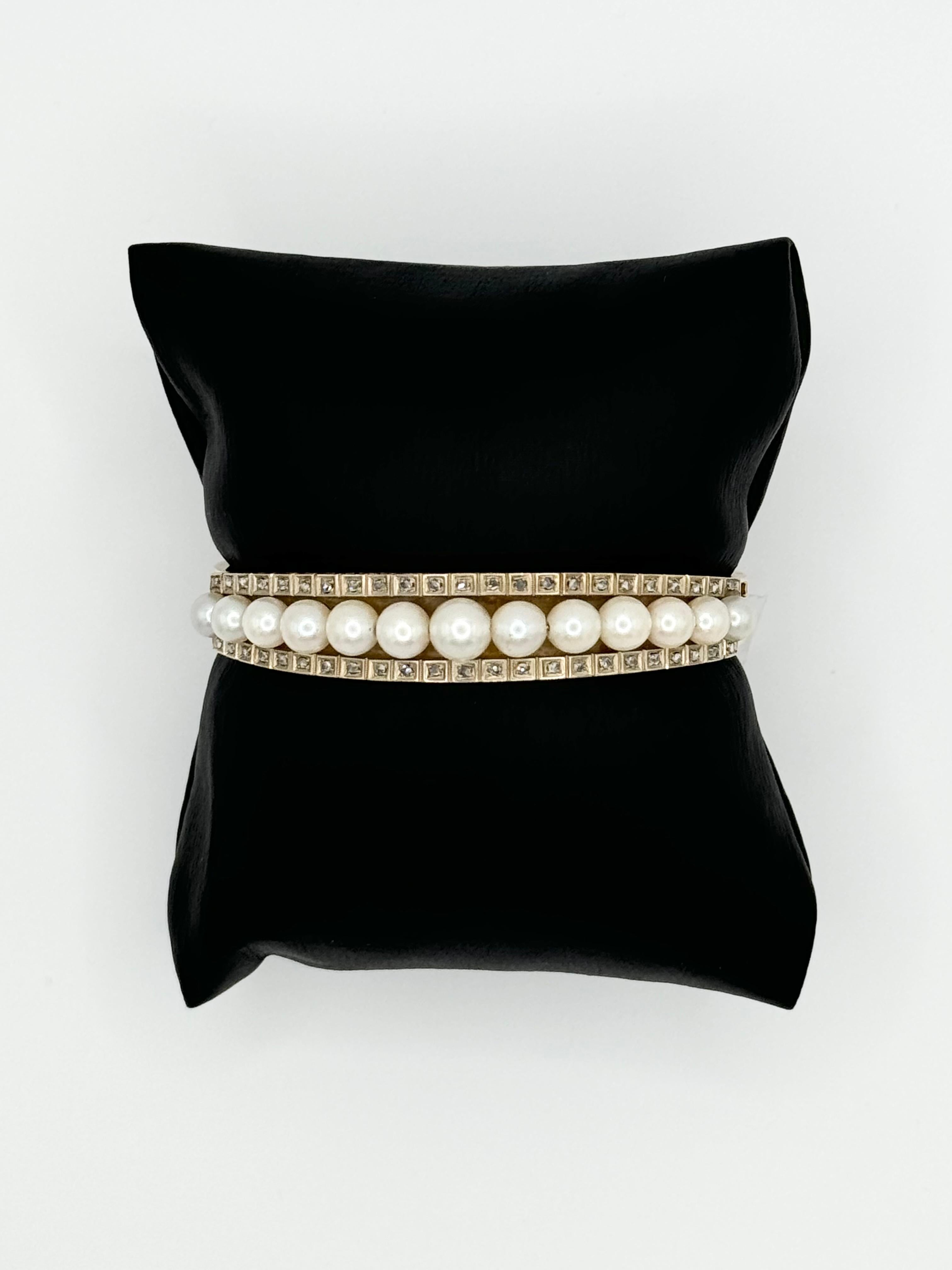 Bracelet ancien en or jaune 14K avec perles de culture et diamants taillés en rose en vente 6