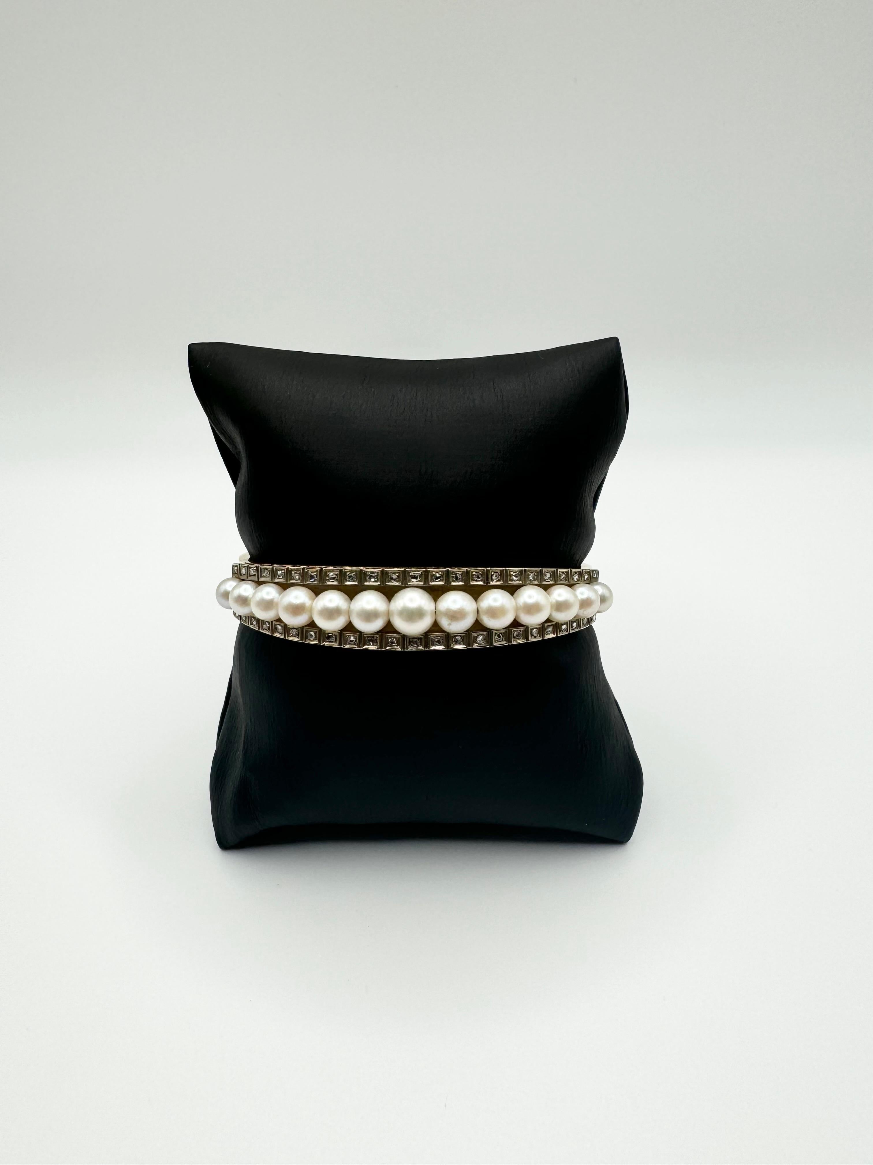Bracelet ancien en or jaune 14K avec perles de culture et diamants taillés en rose en vente 4