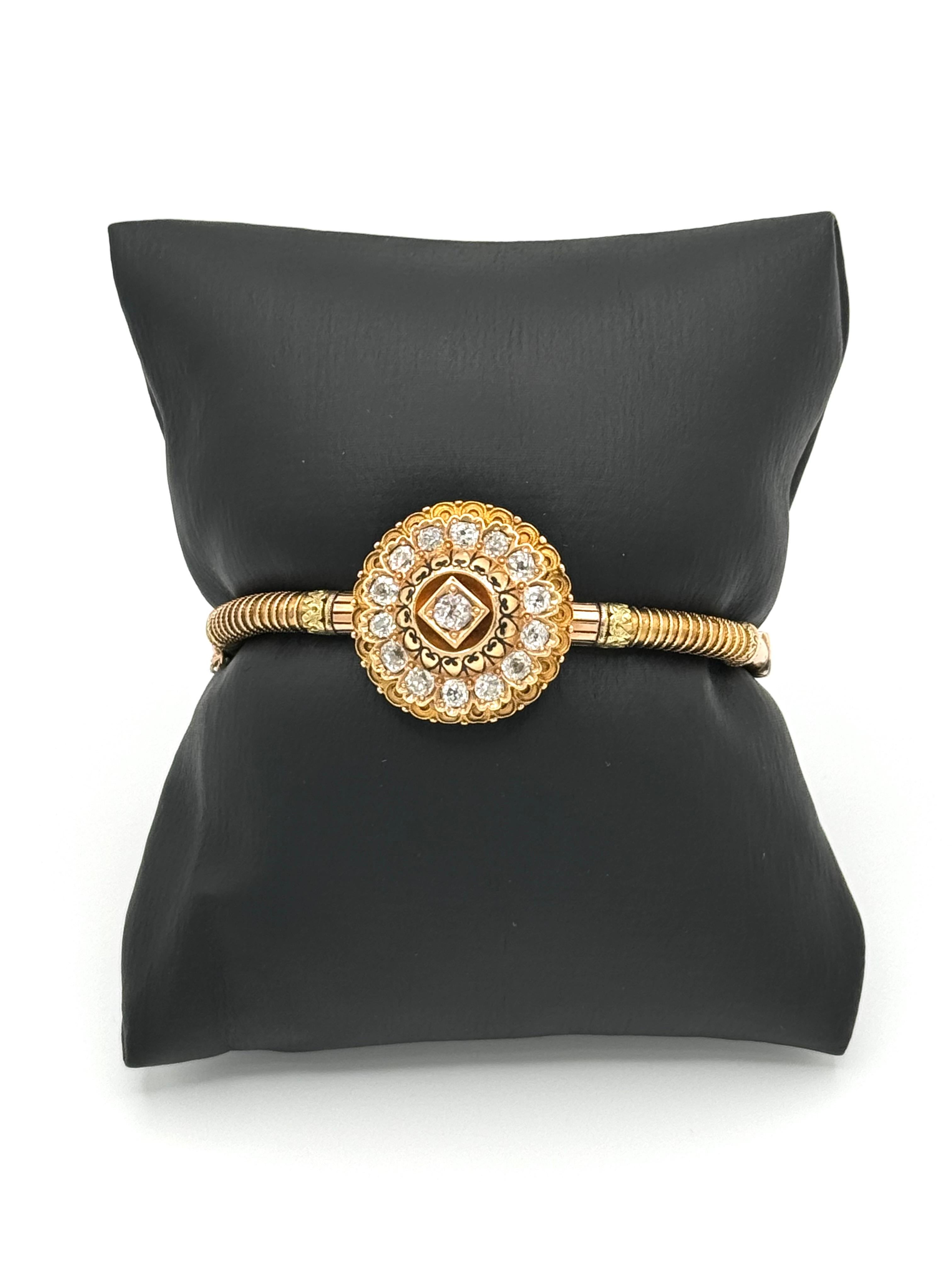 Brilliant Cut 14K Gold Diamond Cluster Bangle Bracelet For Sale