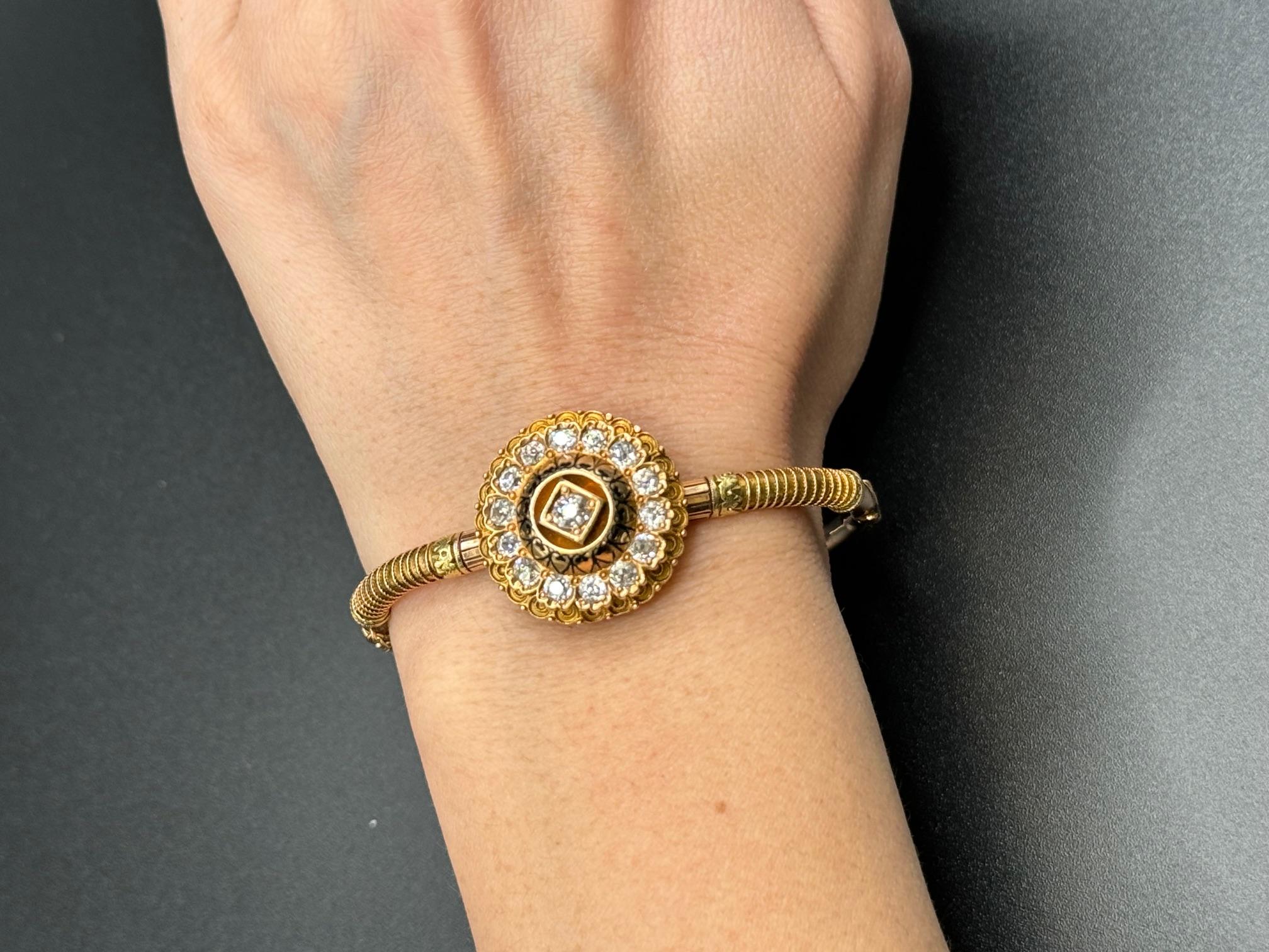 14K Gold Diamond Cluster Bangle Bracelet For Sale 3
