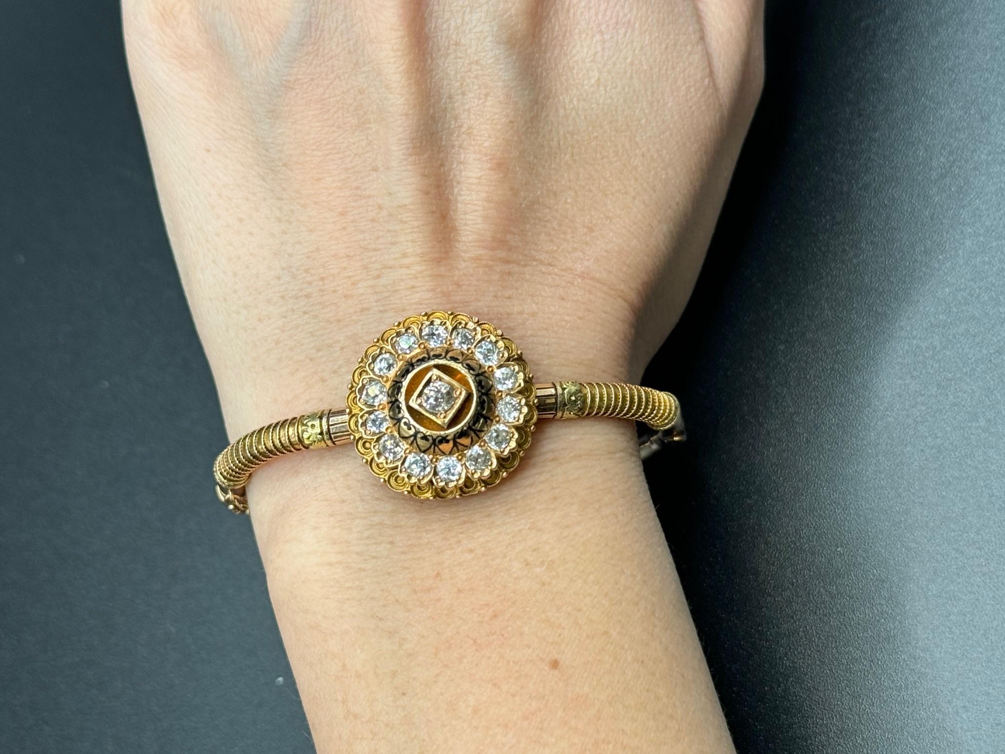 14K Gold Diamond Cluster Bangle Bracelet For Sale 5