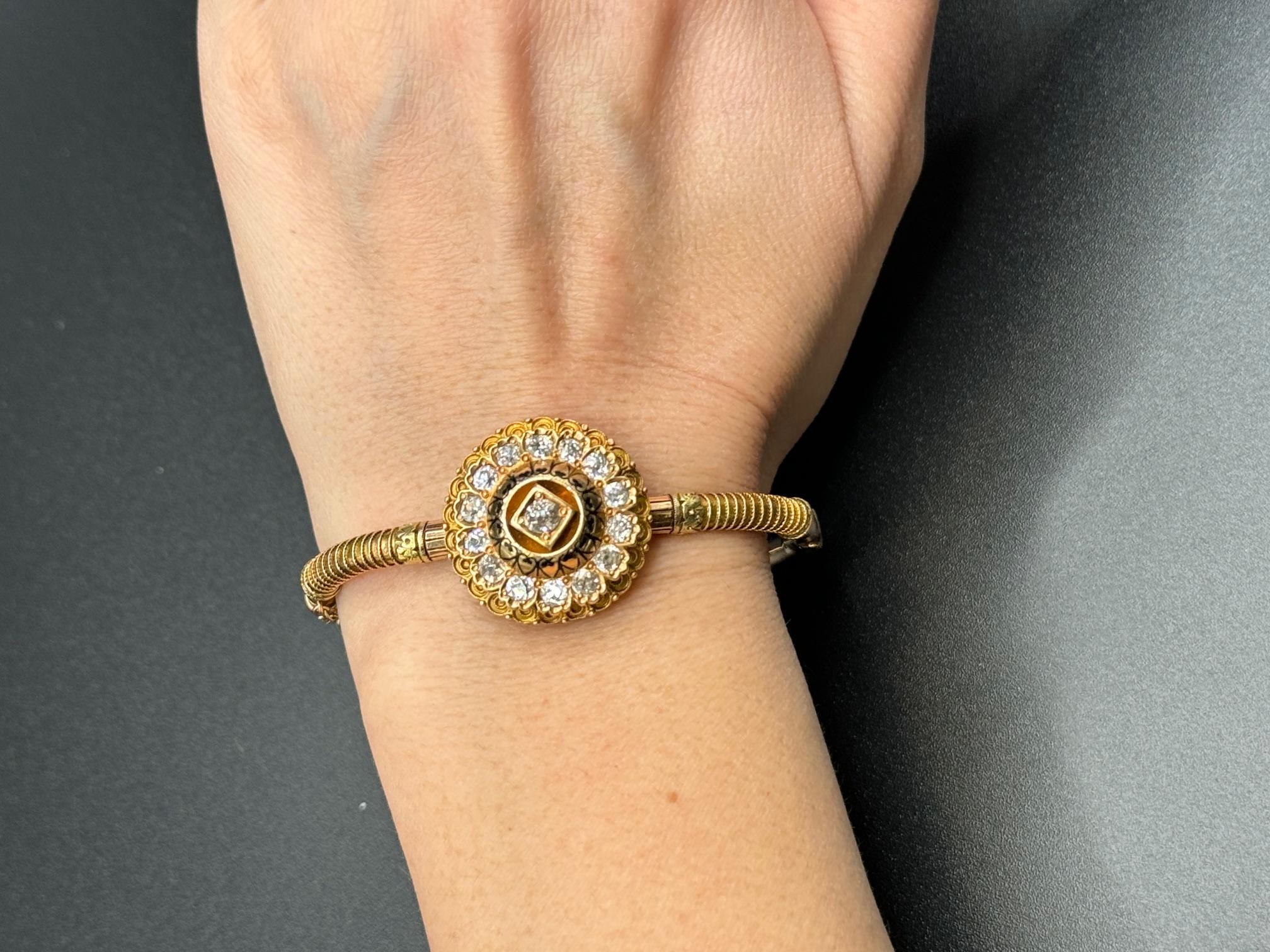14K Gold Diamond Cluster Bangle Bracelet For Sale 4