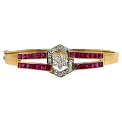 Vintage 14K Yellow Gold Ruby and Diamond Bangle Bracelet