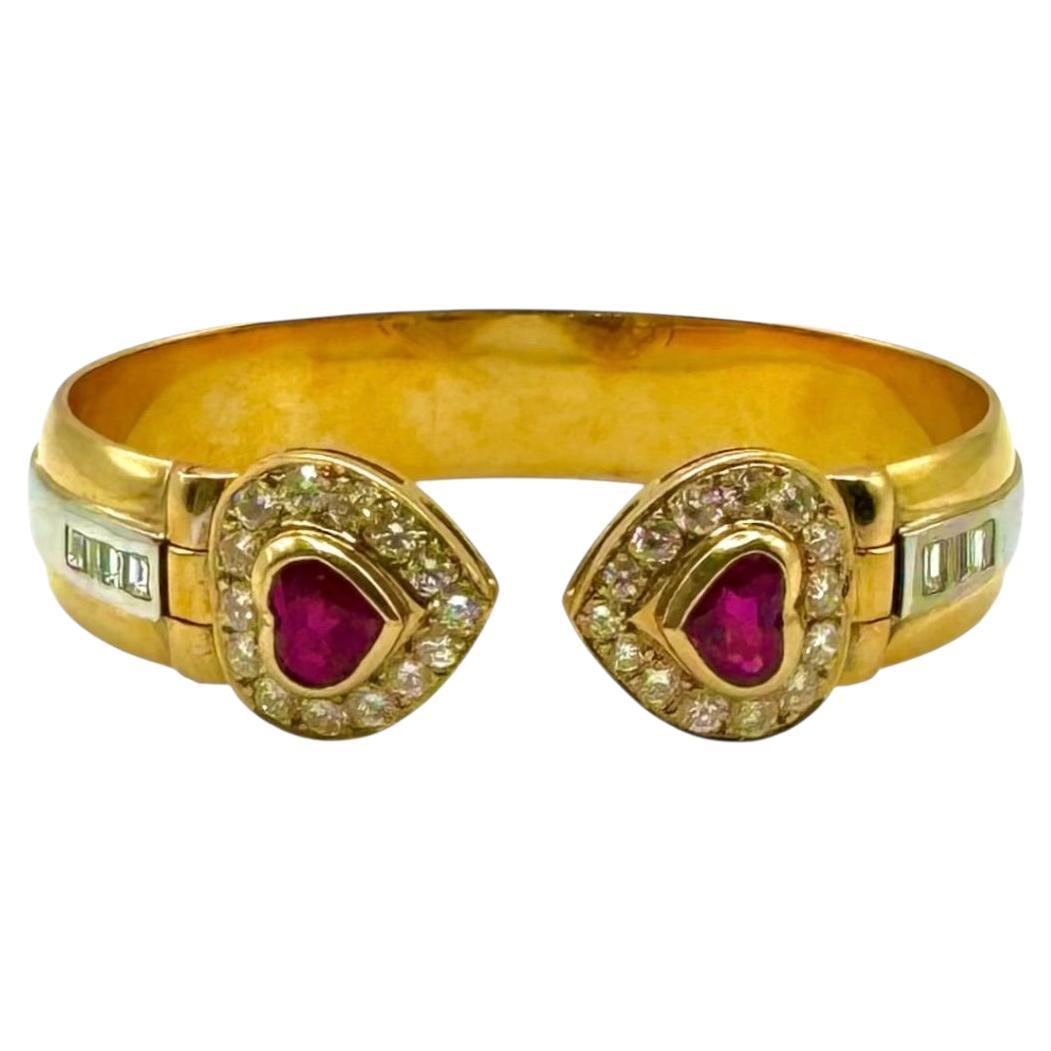 Vintage 18K Gelbgold Herzförmige Rubin und Diamant Armreif Armband