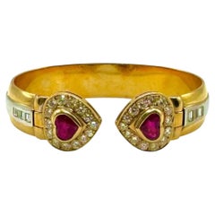 Vintage 18K Yellow Gold Heart-Shaped Ruby and Diamond Bangle Bracelet