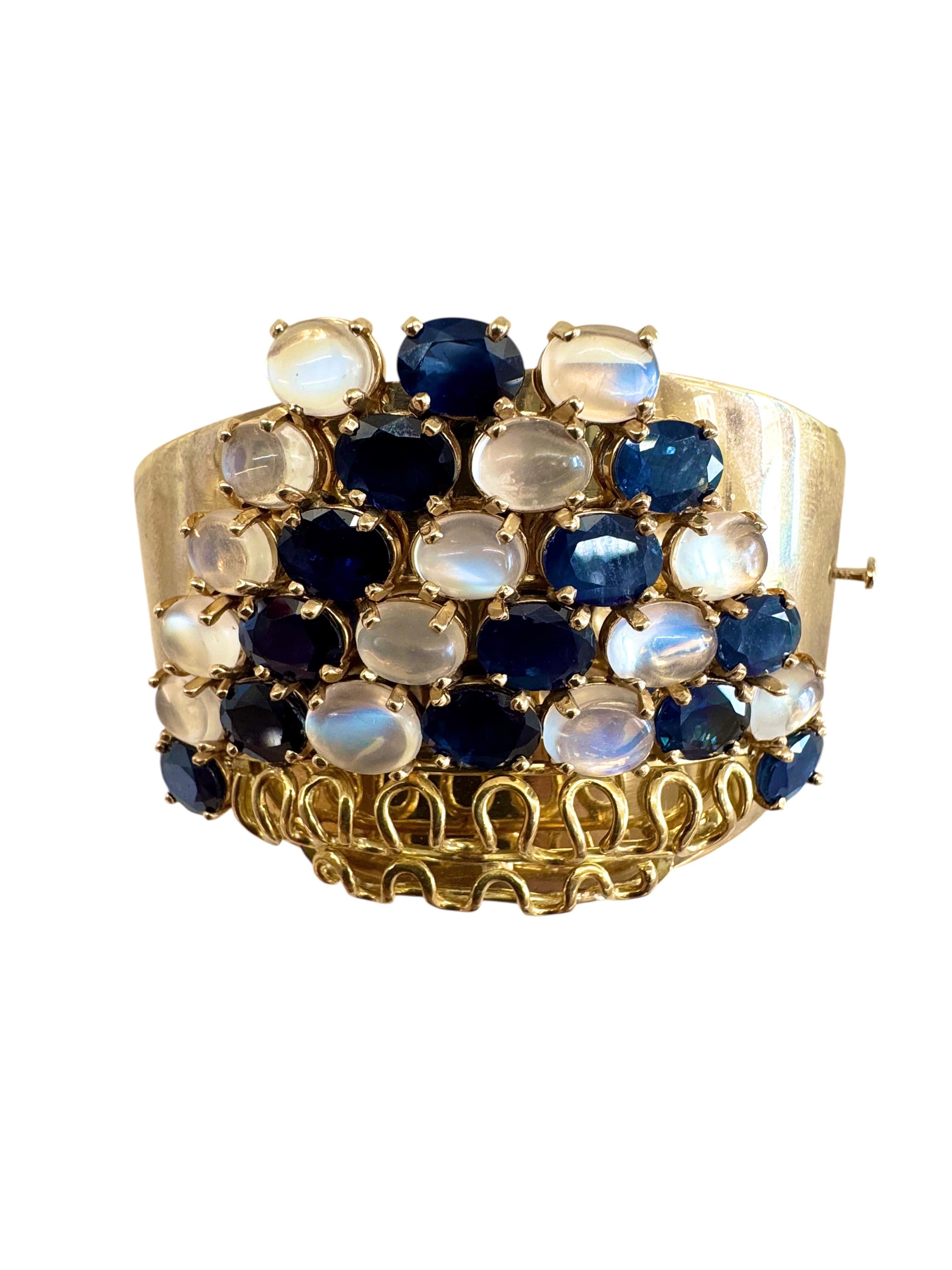 Bracelet manchette en or jaune 14K avec saphirs et pierres de lune en vente 12