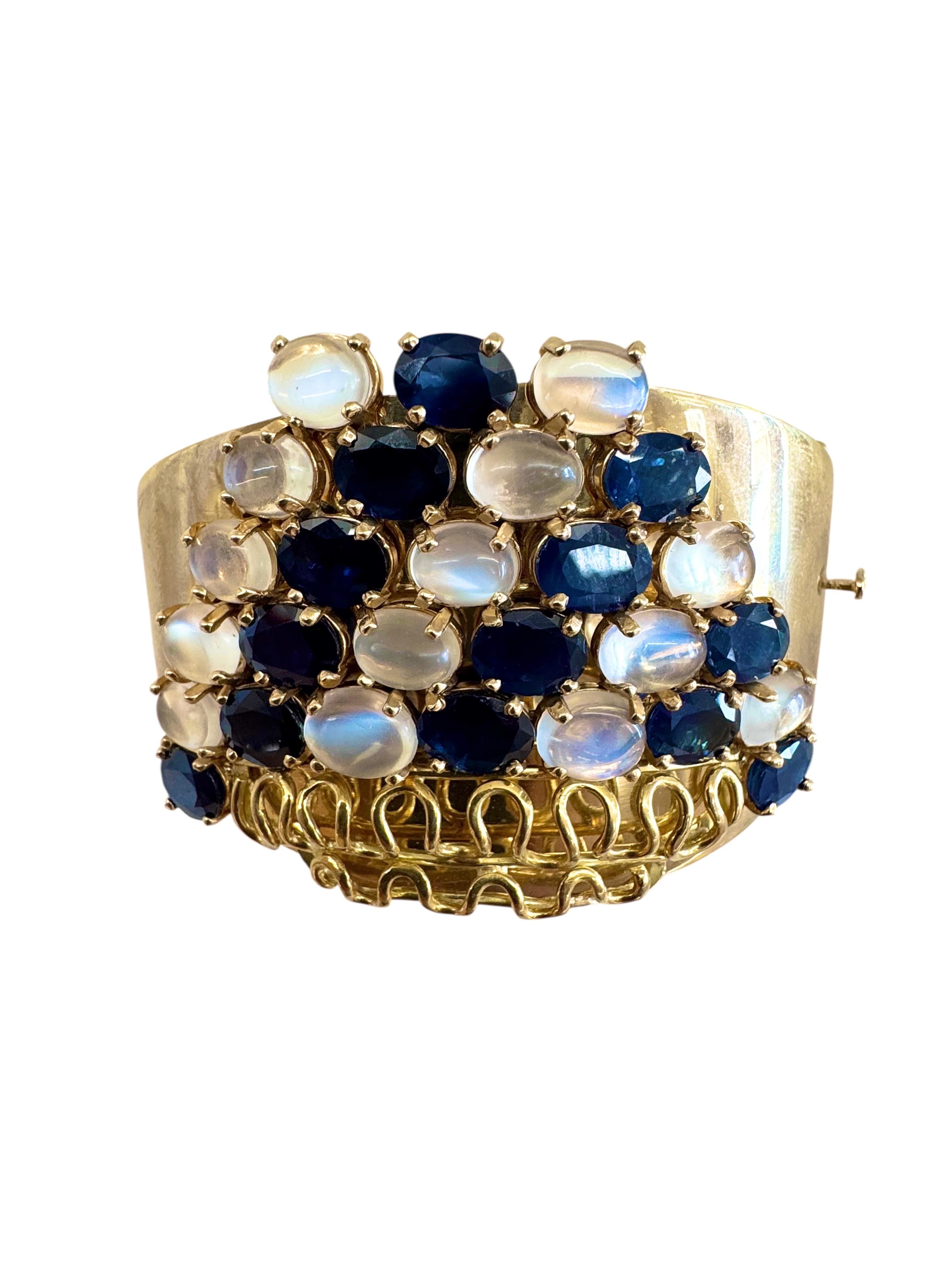Bracelet manchette en or jaune 14K avec saphirs et pierres de lune en vente 11