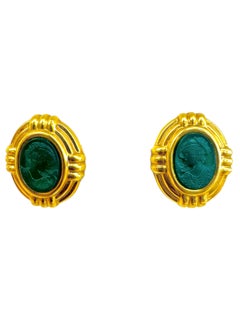 Vintage 18K Gold Carved Green Hardstone Intaglio Earrings, Signed ANF