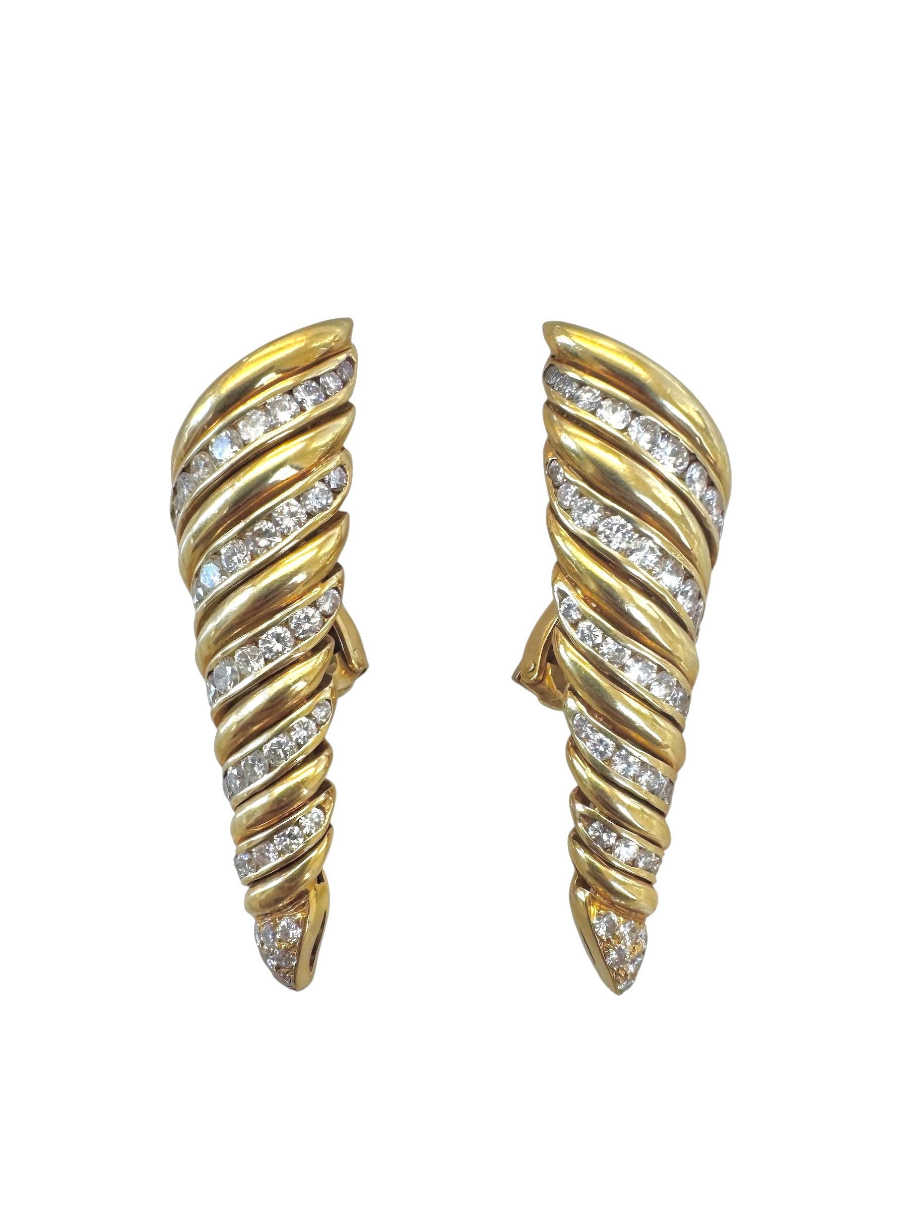 Boucles d'oreilles vintage en or 18K avec spirale et diamants