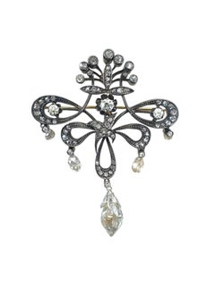 Victorian Diamond Bow Brooch in 18K Gold and Platinum with Briolette Drops