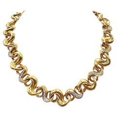 Bold 18K Yellow Gold Wave-Link Necklace with Diamond Accents