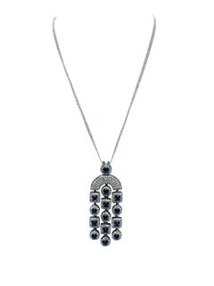 18K White Gold Sapphire and Diamond Geometric Drop Necklace