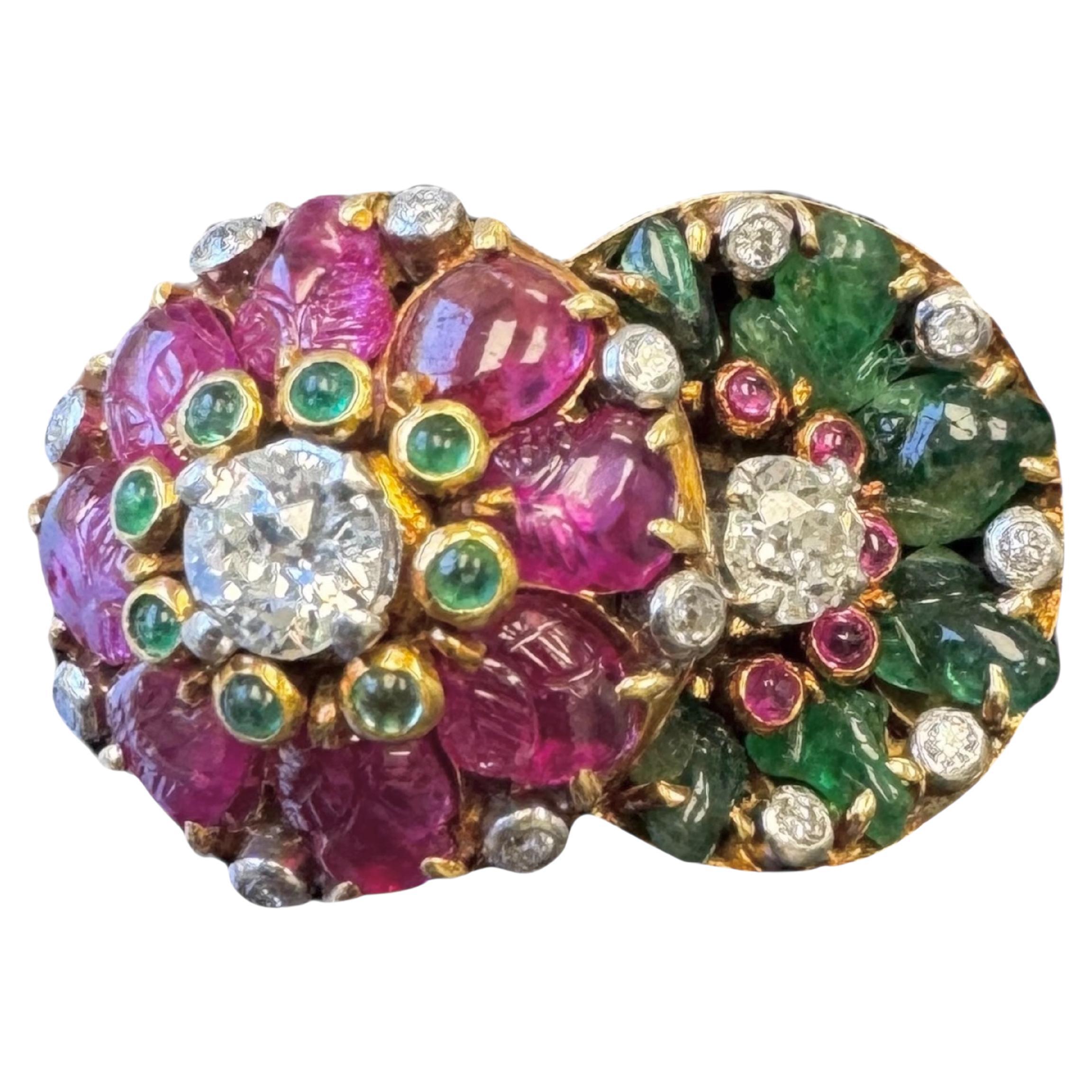 Vintage French 14K Yellow Gold Carved Emerald, Ruby
Diamond Double Flower Ring