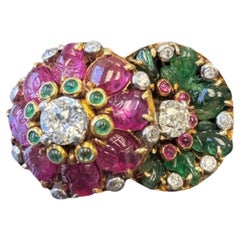 Vintage French 14K Yellow Gold Carved Emerald, Ruby 
Diamond Double Flower Ring