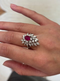 Vintage Platinum Ruby and Diamond Cluster Ring, 1.10ct Ruby, 1960s