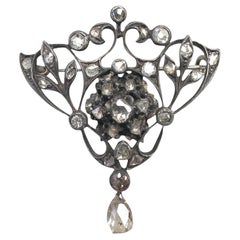 Antique 14K Gold
Silver Diamond Floral Brooch with Briolette Drop, Circa 1880
