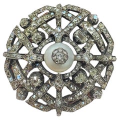 Spätviktorianische Brosche mit natürlichen Perlen und Diamanten in 14K Gold und Silber