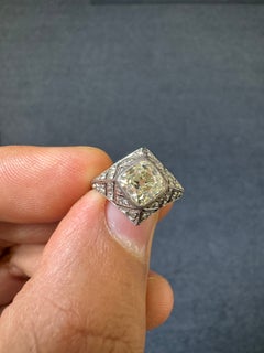 Art Deco 14K White Gold 1.61 Carat Cushion Cut Diamond Ring, Circa 1930