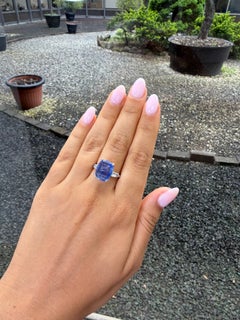 Vintage Platinum 6.24 Carat Ceylon Sapphire and Diamond Three-Stone Ring, circa