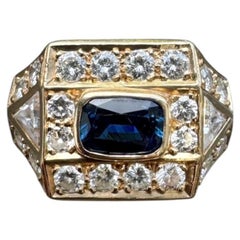 Vintage 14K Yellow Gold Sapphire and Diamond Geometric Cocktail Ring, circa 1980