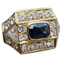 Vintage 14K Yellow Gold Sapphire and Diamond Geometric Cocktail Ring, circa 1980