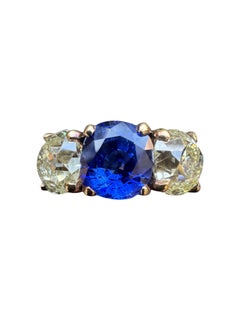 Vintage Sri Lankan Ceylon Sapphire & Old Mine Diamond Three-Stone Ring