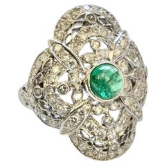 Vintage 18K White Gold Cabochon Emerald and Diamond Floral Cocktail Ring