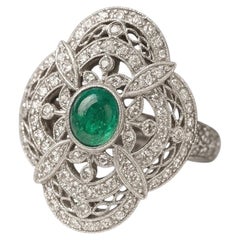 Vintage 18K White Gold Cabochon Emerald and Diamond Floral Cocktail Ring