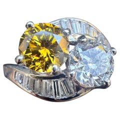 Vintage 14K White Gold Fancy Yellow-Brown and White Diamond Bypass Cocktail Ring