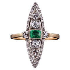 Edwardian Revival Emerald and Diamond Navette Ring of 18k Gold