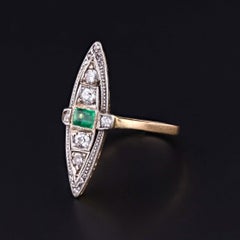 Edwardian Revival Emerald and Diamond Navette Ring of 18k Gold