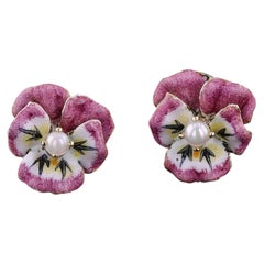 Boucles d'oreilles vintage en or 14 carats, ornées de pensées en émail rose