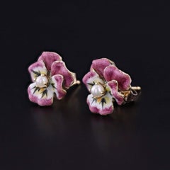 Boucles d'oreilles vintage en or 14 carats, ornées de pensées en émail rose
