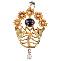 Art Nouveau Floral Pendant of Tri Color 14k Gold