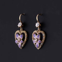 Orecchini antichi a forma di cuore viola in oro 14k, intorno al 1900