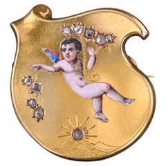 Antique Enamel Cherub Brooch of 18k Gold