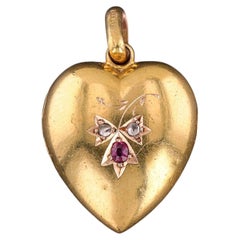 Antique Ruby and Diamond Puffy Heart Locket of 15k Gold