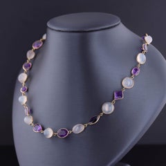 Vintage Moonstone and Amethyst Necklace of 14k Gold