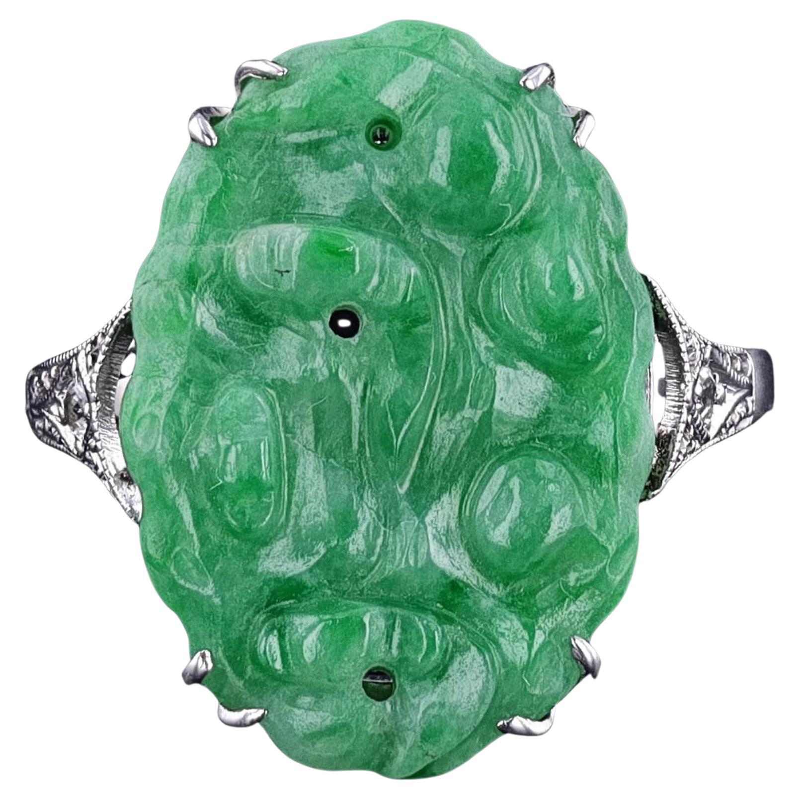 Art Deco Jade & Diamond Ring of 9ct White Gold