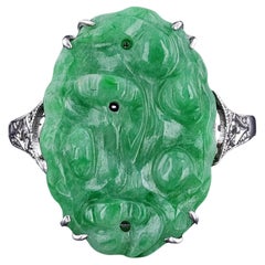 Art Deco Jade & Diamond Ring of 9ct White Gold