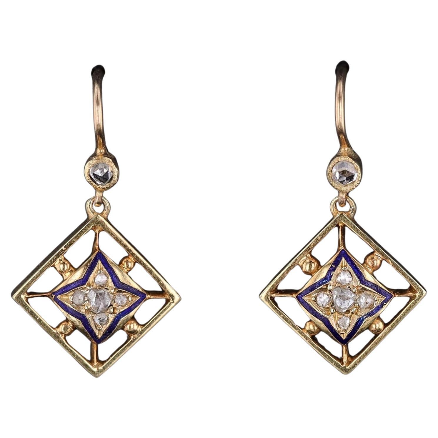 Boucles d'oreilles anciennes en or 14k avec diamants et émail