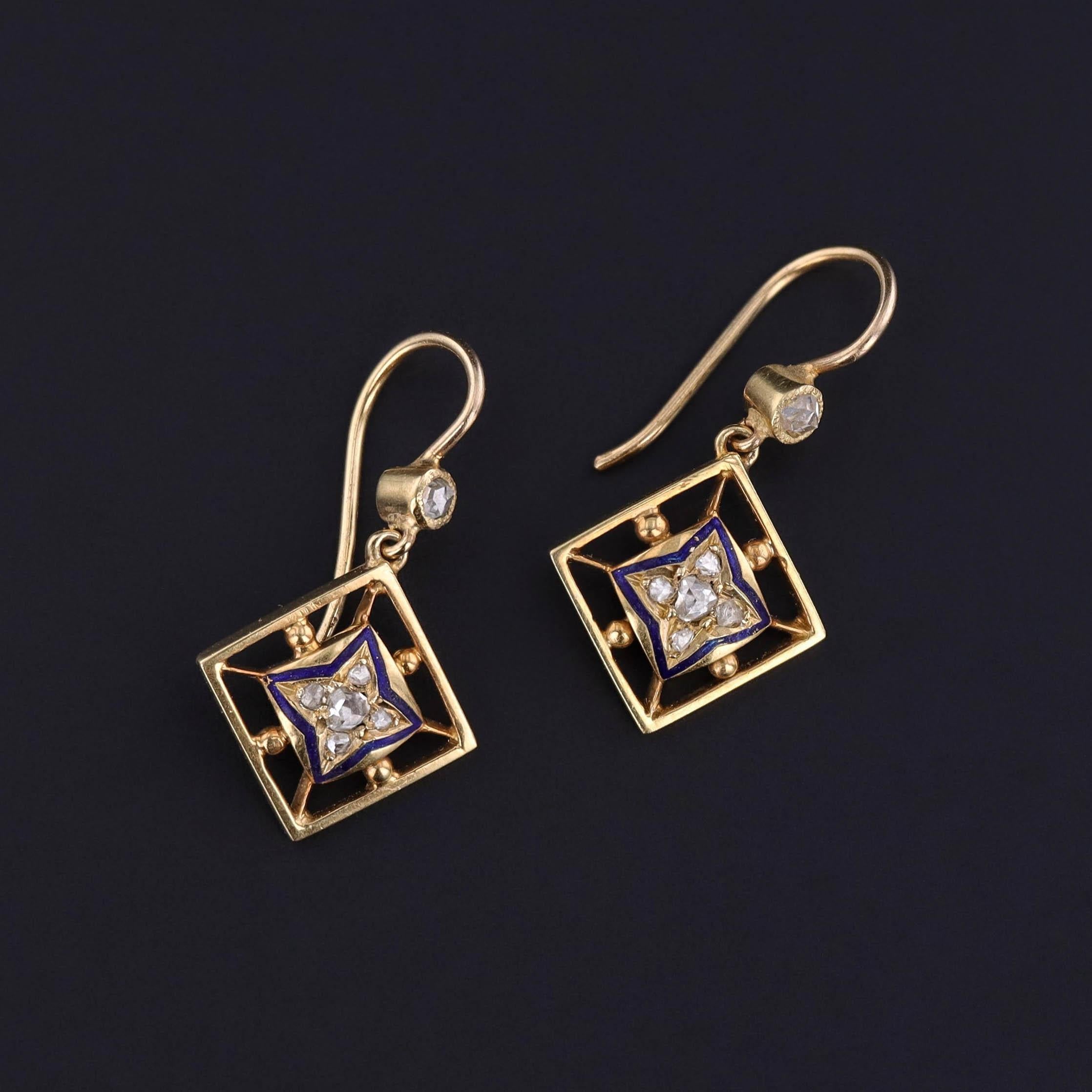 Victorien Boucles d'oreilles anciennes en or 14k avec diamants et émail en vente