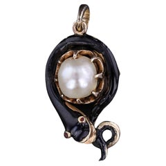 Antique Ouroboros Snake Pendant of Enamel Pearl and 12k Gold