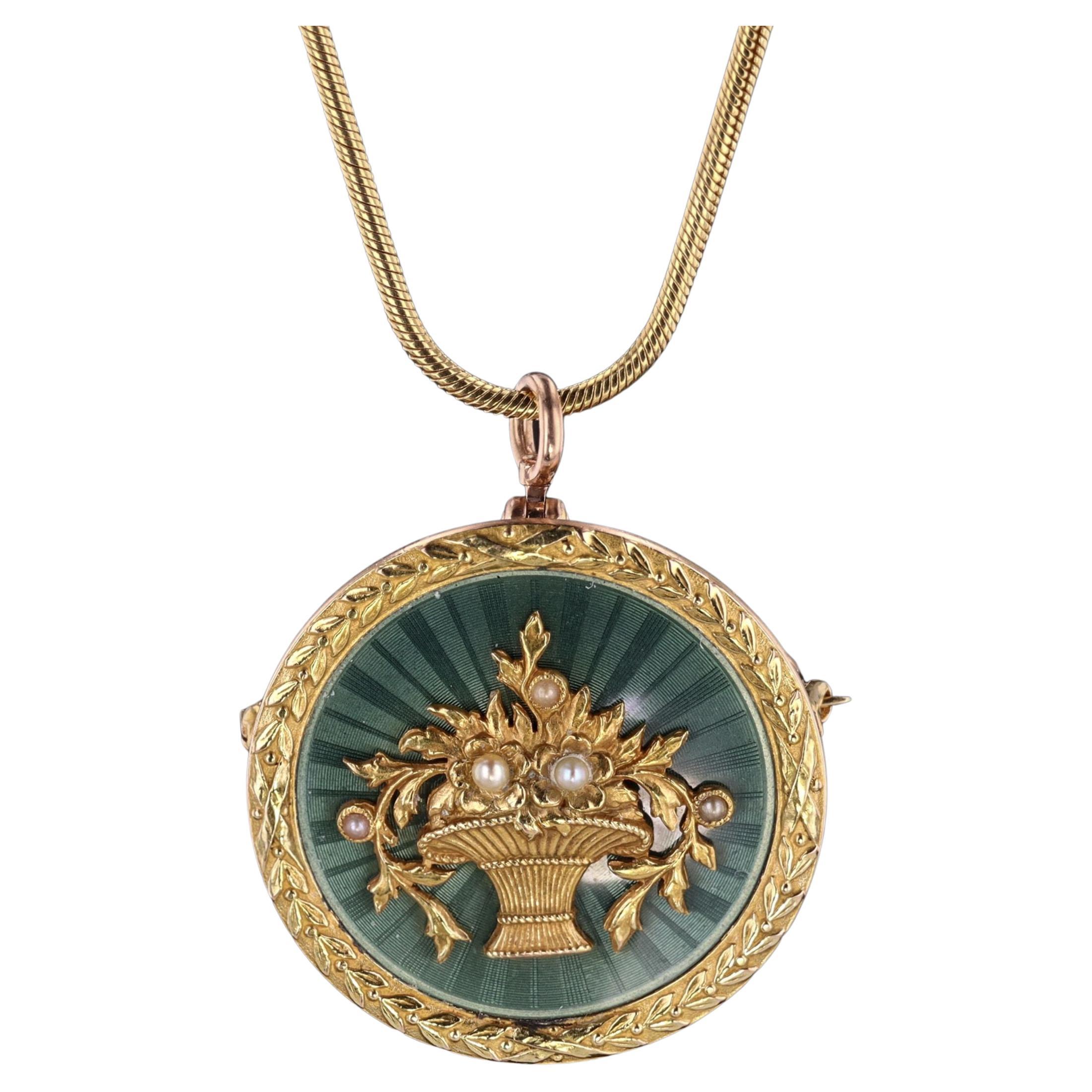 Antique Guilloche Enamel Flower Basket Necklace of 14k Gold For Sale